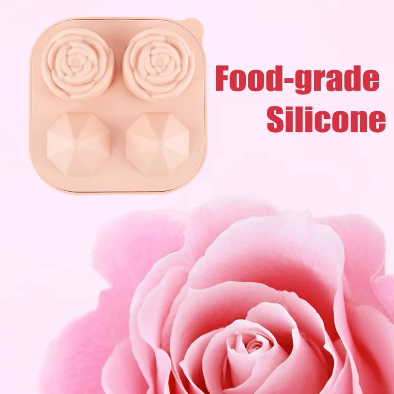 TAYHAO Rose Silicone Ice Tray  Diamond Flower Ice Cube Maker  Anti-leakage 4 Grids Reusable Ice Cube Maker 4 Cavity Large
