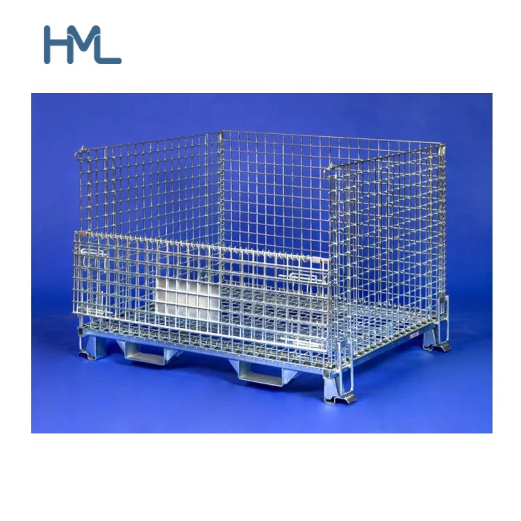 Heavy duty stackable collapsible wire mesh hypacage with fork guides