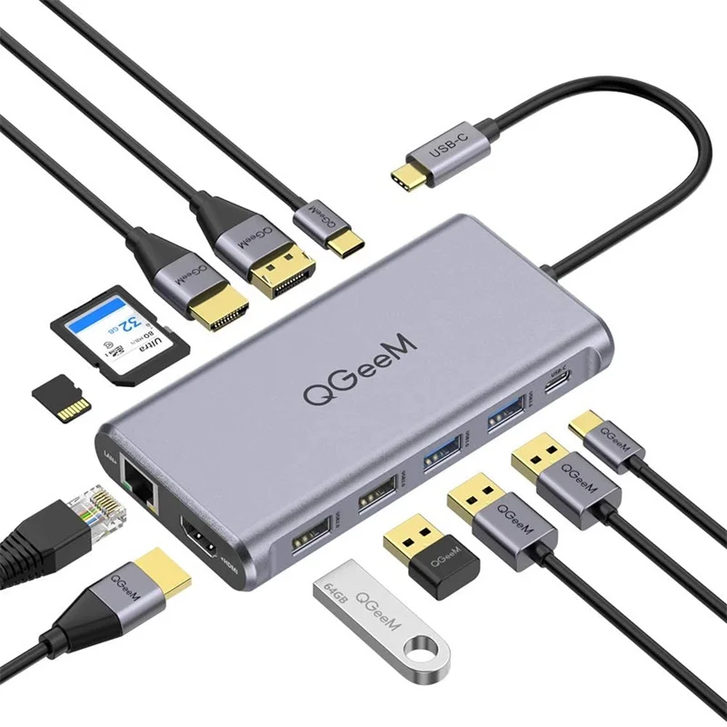 12-in-1 USB C Hub,QGeeM 12-in-1 USB C Laptop Docking Station 4k Dual Monitor Triple Display Compatible with MacBook and Windows
