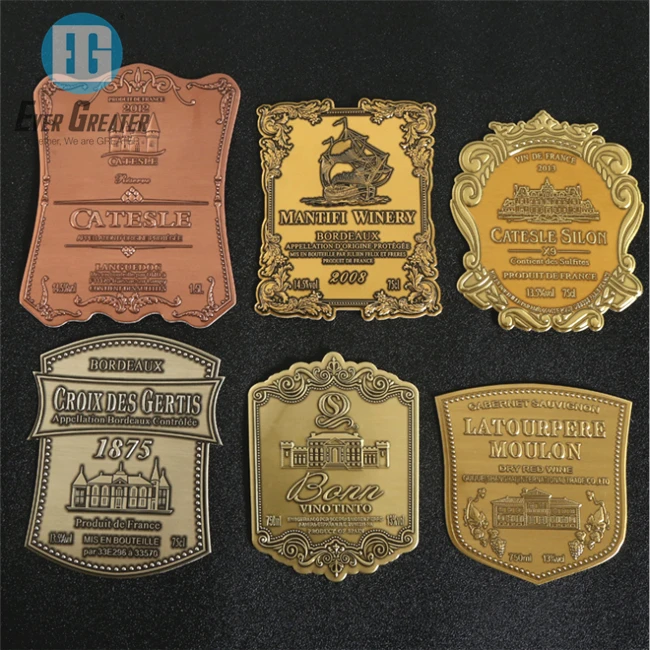 Luxury Classical Copper Retro Style Customized Metal Label for Decanter Wine Whisky Rum
