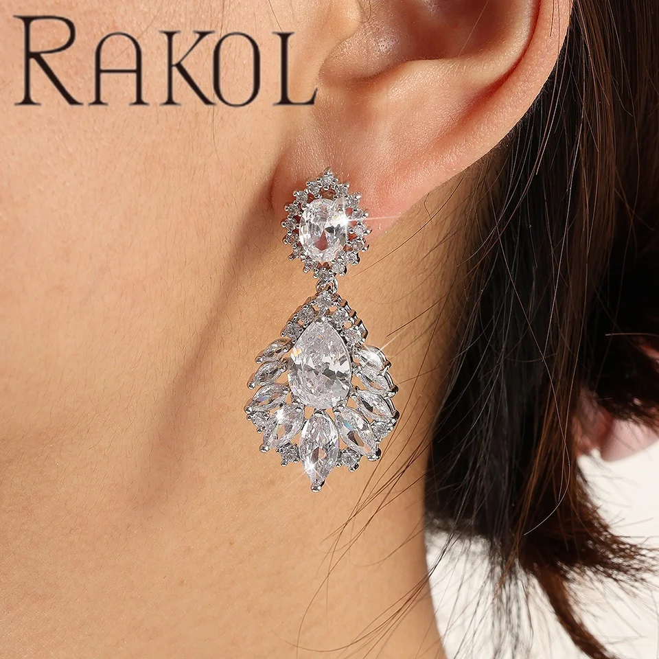 RAKOL EP363  Elegant Chandelier Cubic Zirconia Earrings Gorgeous Crystal Stones Dangle Luxury Bridal Earrings for women Jewelry