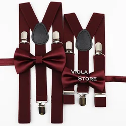 Soild 2.5cm Suspenders Glossy Bowtie Set Men Kids Red Brown Polyester Butterfly Y-Back Braces Party Dinner Shirt Pants Accessory