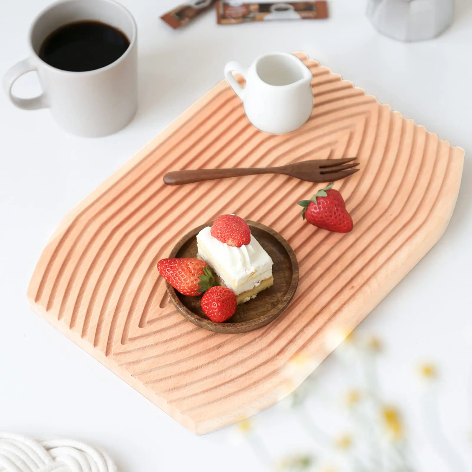 Wavy Arch Rectangular Geometric Water Ripple Board Bamboo Wood Afternoon Tea Coffee Snack Plate Home Decor Food Panel Tray