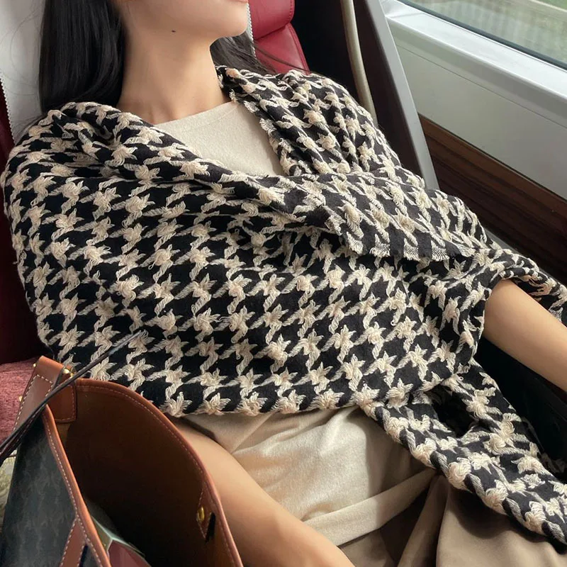 Europe America Hand Weaving Houndstooth Cashmere Scarf Black White Thousand Bird Scarf Double Sided Printed Cashmere Scarf Shawl