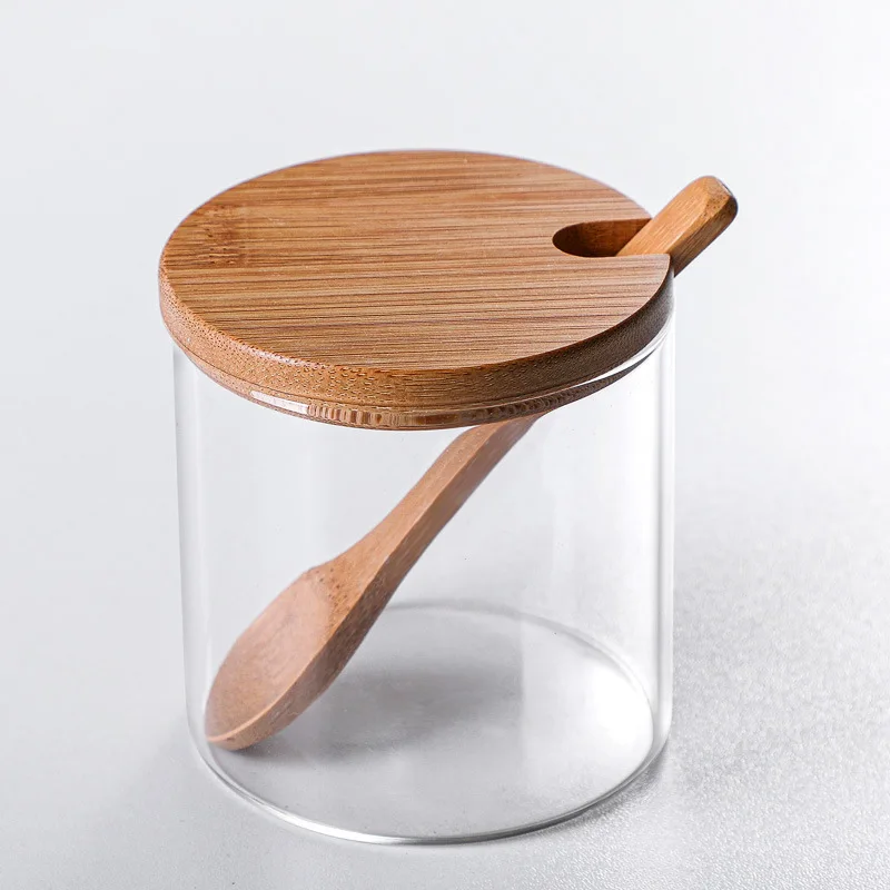 High Quality round Bamboo Kitchen Storage Canister Custom Logo Spice Bottle Jar with Glass Lid Spoon Hot Sale Food Container