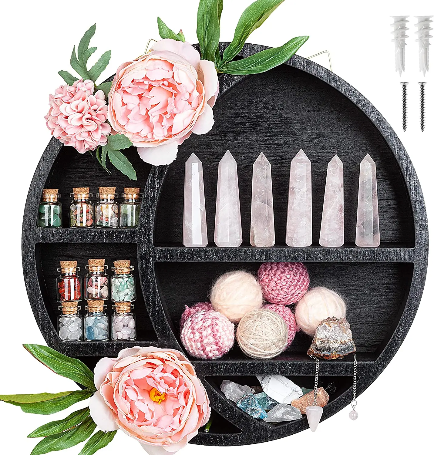 Полка в форме полумесяца для кристаллов, полки в стиле бохо, Настенный декор, настенная подвесная Хрустальная полка, дисплей, элегантный черный деревянный дисплей