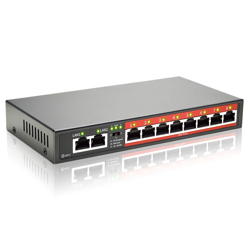 Factory Direct Sales 8 Port POE Switch 8*POE Ports +2*Uplinked, 802.3af/at PoE+ 1000Mbps, 90W power adapter, Extend to 250Meter