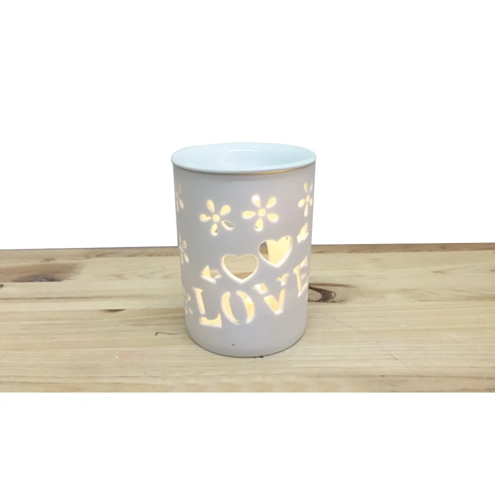 Cylinder hollow-carved love font star pattern white customized big ceramic oil burner