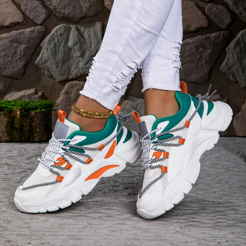 Hot Sale zapatillas PU Thick Sole Shoes Flat Non-Slip Platform Running Shoes Casual Chunky Sneakers for Outdoor Ladies
