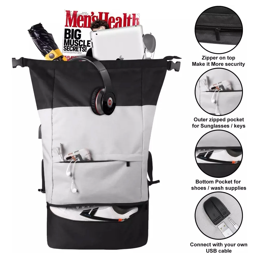 RPET Recycled Fabric Roll Top Rucksack laptop backpack with shoes compartment college school backpack bag