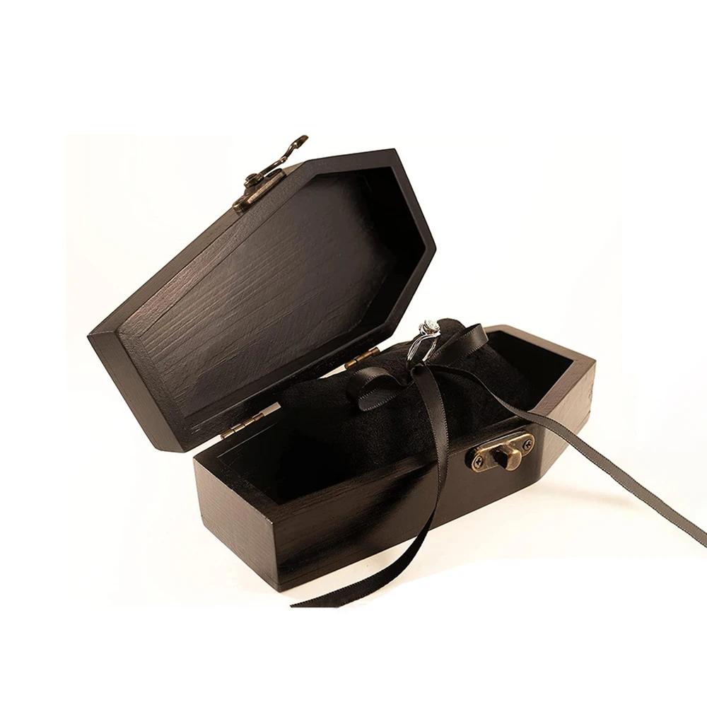 Creative Halloween Wedding box coffin shaped packaging wooden box Small Black Wood Coffin Ring Box