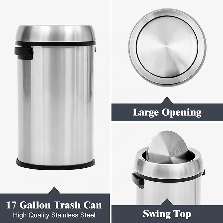 Large 17 Gallon Swing Lid Commercial Trash Can Heavy Duty 65 Liter Brushed Stainless Steel Garbage Can for Kitchen Office Use