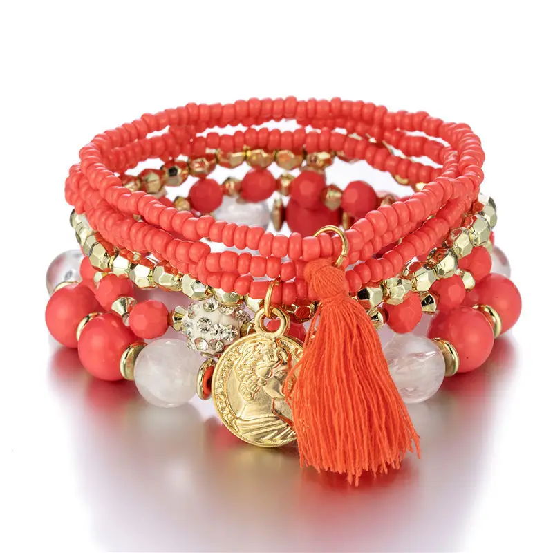 HOVANCI Gold Coin Beautiful Women Bracelets Matching Multilayer Tassel Charm Beads Bracelet