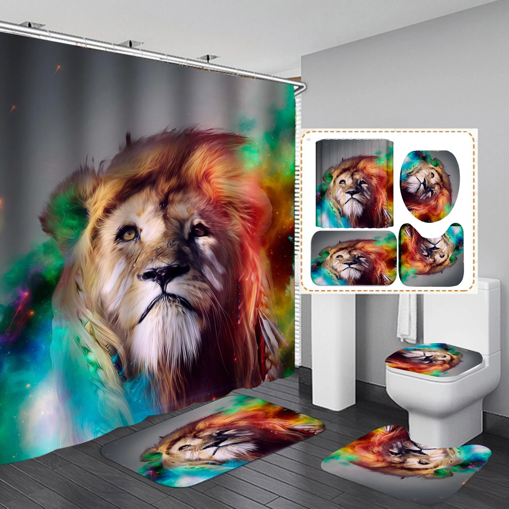 2021 New Hot Products Animated Lion Head Animated Animal Shower Curtain with Bathroom Set