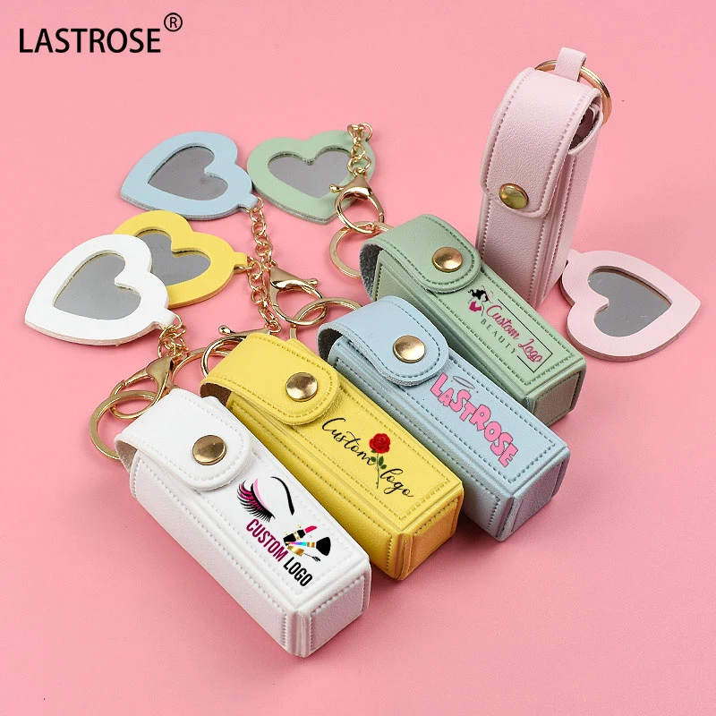Wholesale Lipstick Pu Bag with Keychain Mini Heart Makeup Mirror Small Portable Bags for Lip Gloss with Key Chain