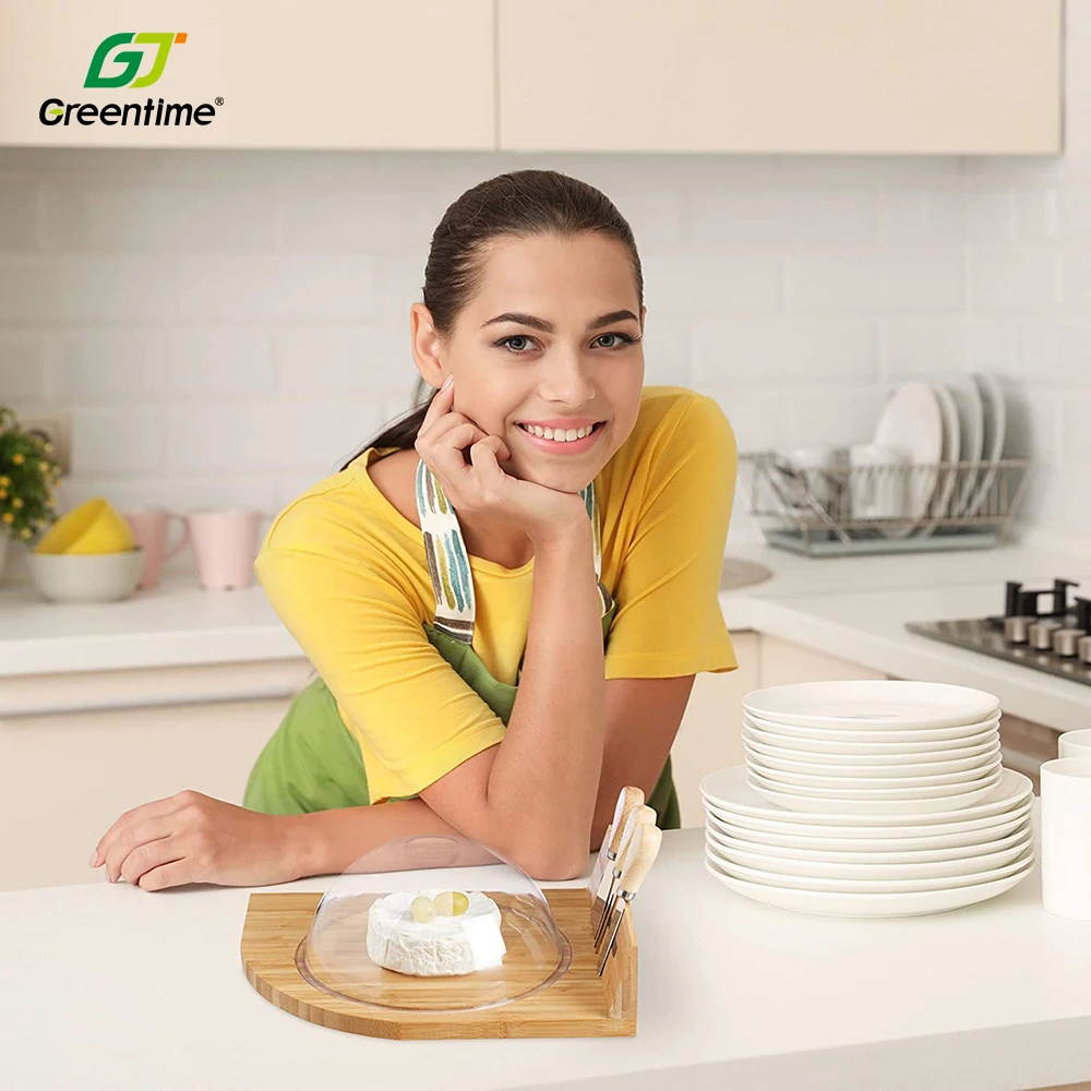 Butter Bread Plate Cutting Board Wooden Bamboo Cheese Board And Knife Set With Transparent Acrylic Lid