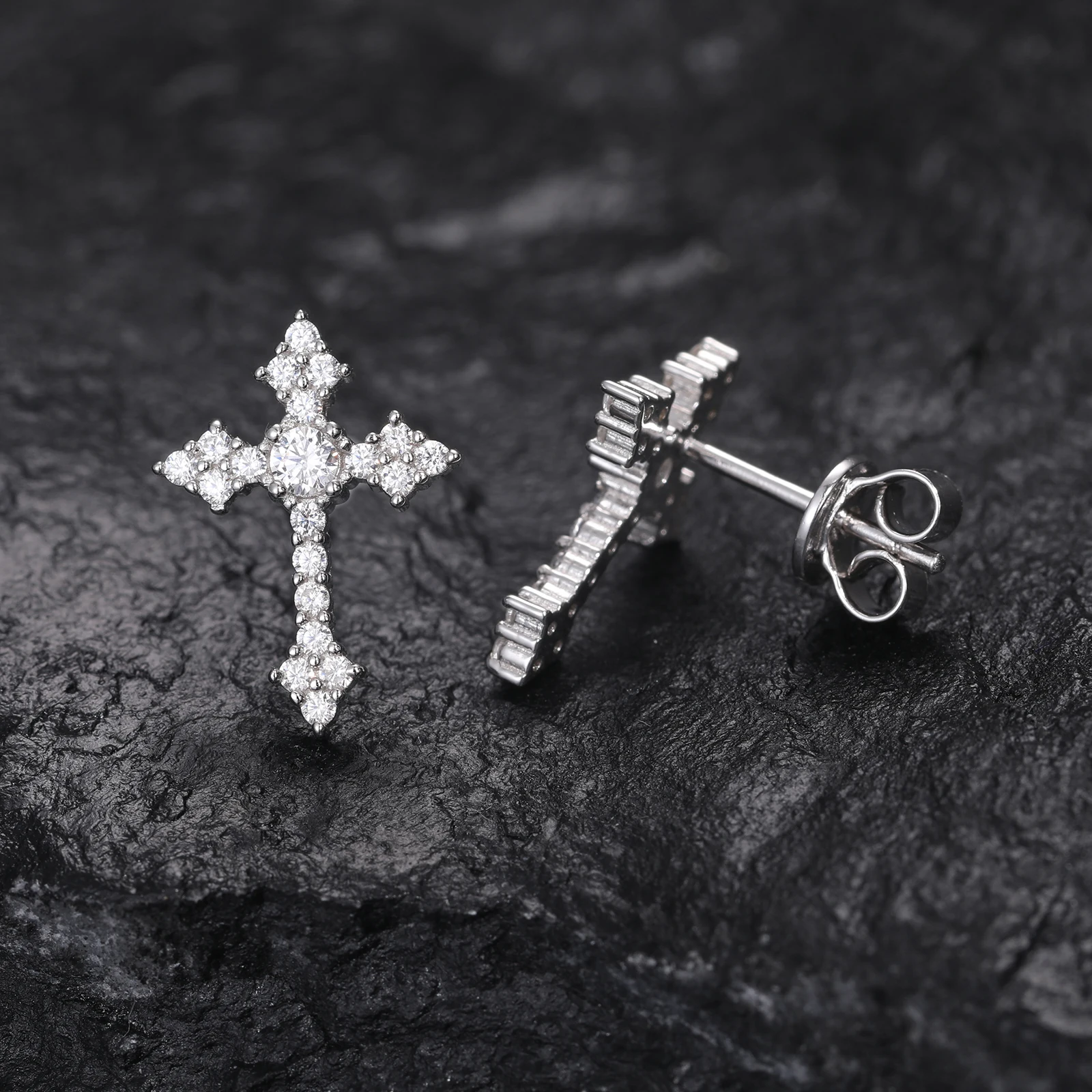 Religious Jewelry Christian Push Back 925 Sterling Silver VVS Moissanite Diamond Iced Out Tapered Cross Stud Earrings For Men