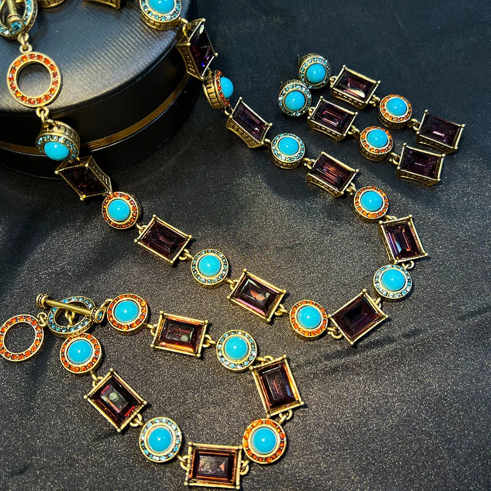 French Style Bracelet Vintage Gold Plated Necklace Boho Turquoise Jewelry Set Antique