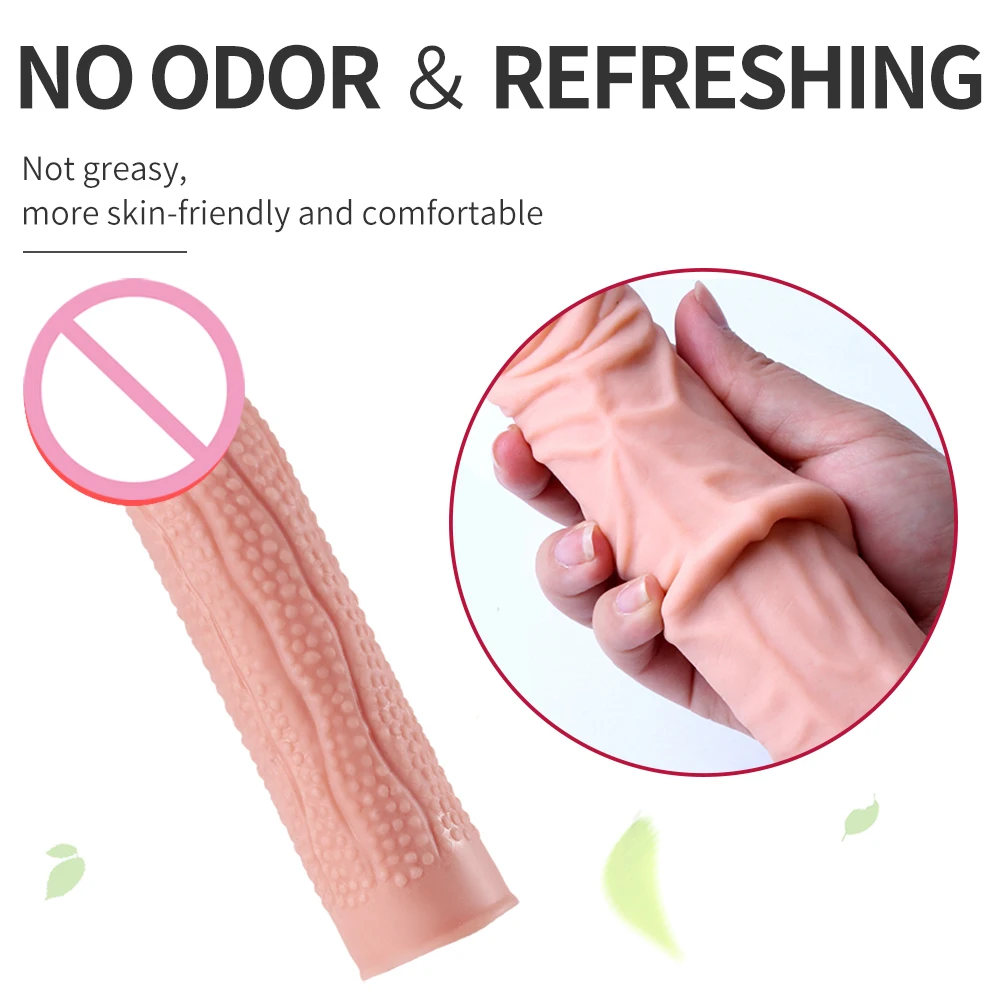 R Liquid Silicone Hollow Dildo Reusable Realistic Penis Enlarger Condom Sex Toy Male Cock Ring Delay Ejaculation Penis Extender