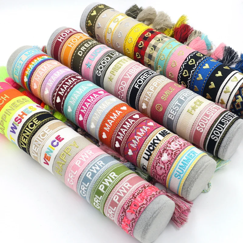 Wholesale Customized Logo Text Fashion Bracelets with Bohemian Ribbon Letter Embroidery and Tassel Weaving for Gift