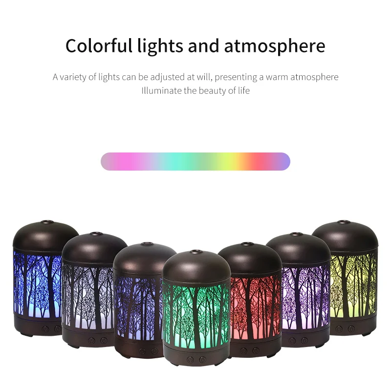 Wholesale 100ml Metal Aroma Diffuser 7 Color LED Lights Forest Pattern Essential Oil Humidifier for Household