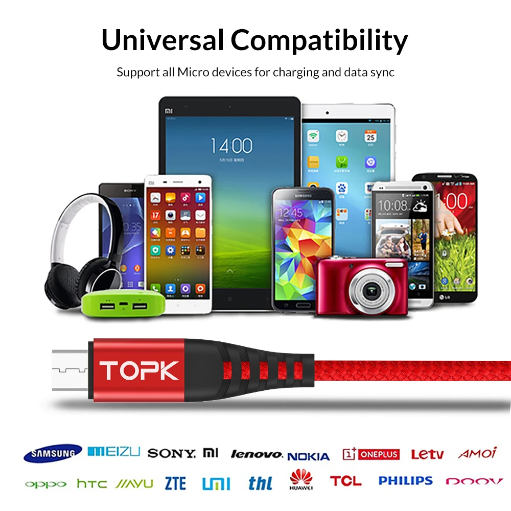 TOPK AN42 1 м 3A Быстрая зарядка USB Micro Type C телефонный кабель для Samsung Xiaomi Huawei