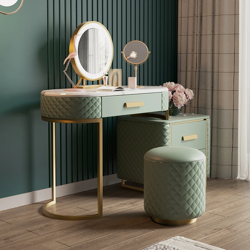 Modern Kids Dressers Luxury Design Vanity Makeup Table Leather and Stainless Steel Dressing Table with Mirror and Stool