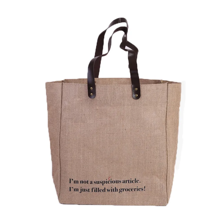 Custom Printed LOGO Eco Reusable Large Shopping Tote High Quality Burlap Jute Bag With Leather Handles
