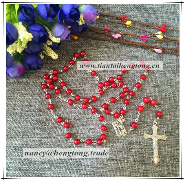 6mm Red Color Glass Pearl Beads with Coral Rose Beads Rosary with Louders Center Piece and Crucifix