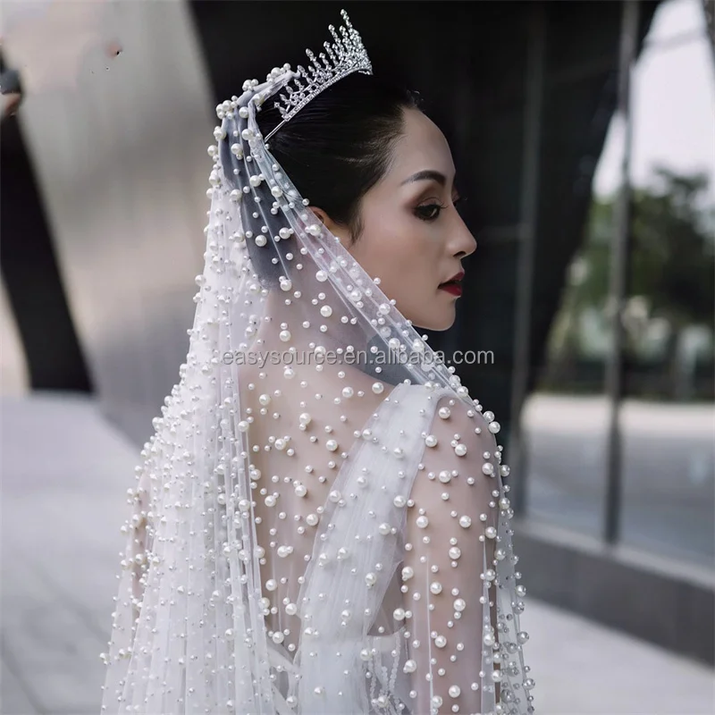 YM131 gorgeous Pearls Cathedral Veil with Comb Soft 1 Tier Wedding Veil for Bride Wedding Accessories