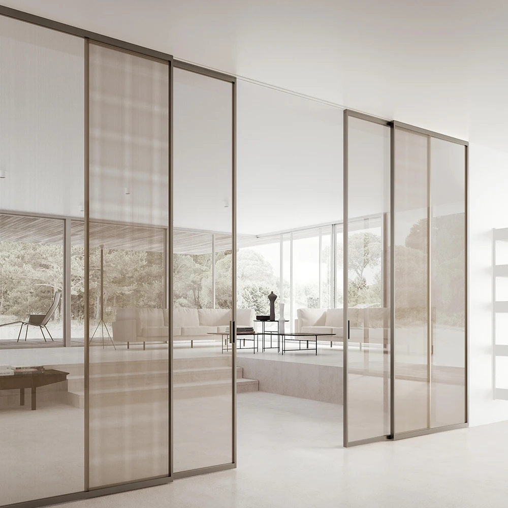Large French Aluminum Sliding Door Glass Contemporary Interior Partition Aluminium Manual Narrow Slim Triple Glass Sliding Doors