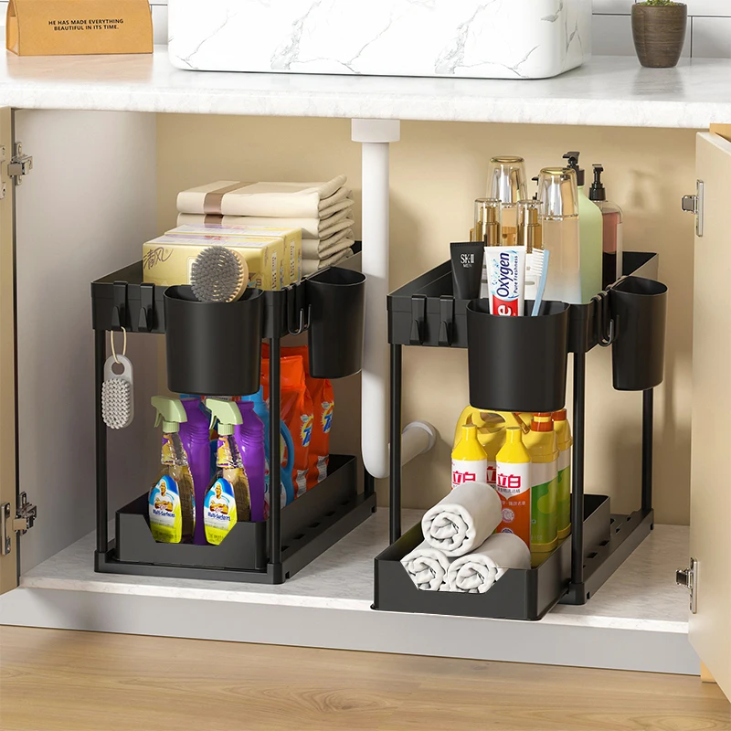 2-Tier Under Sink Organizer Storage Self Basket Pull-Out Storage Rack with Hooks Cabinet Storage Organizer