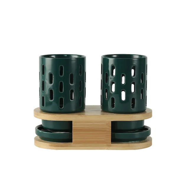 Hot Sale Kitchen Utensil Caddy Flatware With Wood Base Countertop Organizer Ceramic Cutlery Holder 2 Pack