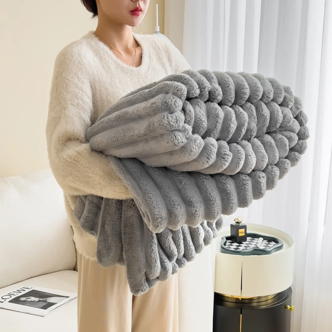 Super Cozy Stripe Flannel Fleece Throw Blanket Fluffy Warm Soft Print Plush Bed Winter Blanket For Sofa