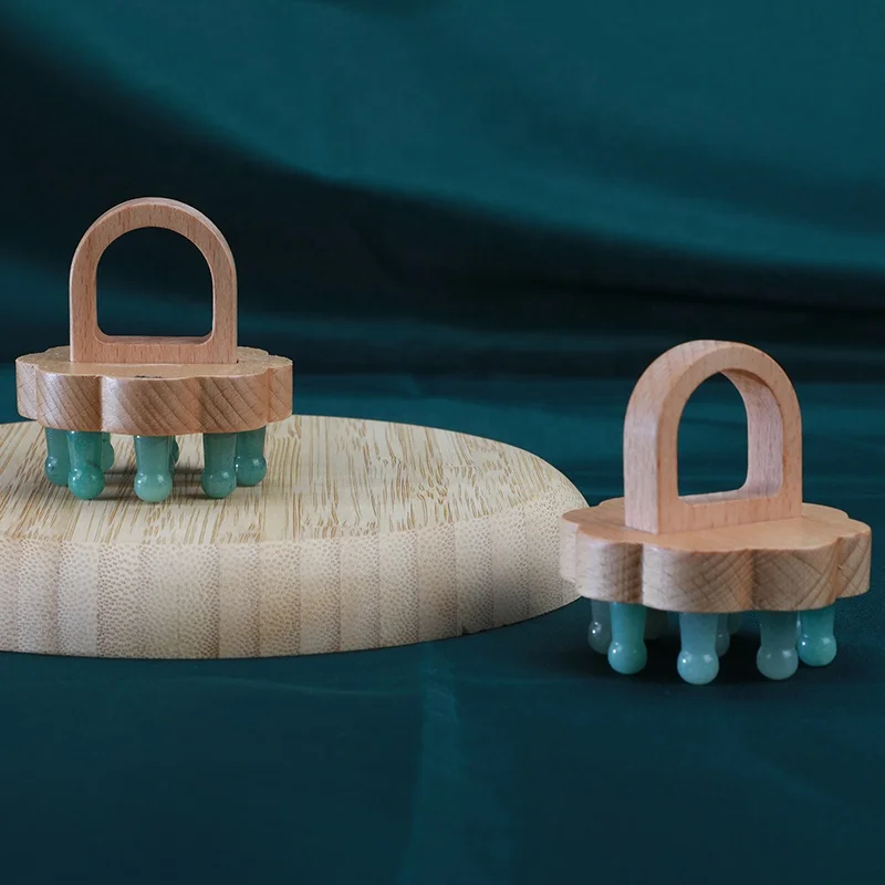 Hanhe Custom Natural Stone Wooden Scalp Massager Jade Guasha Head Therapy Tools Green Gua Sha Massage Comb