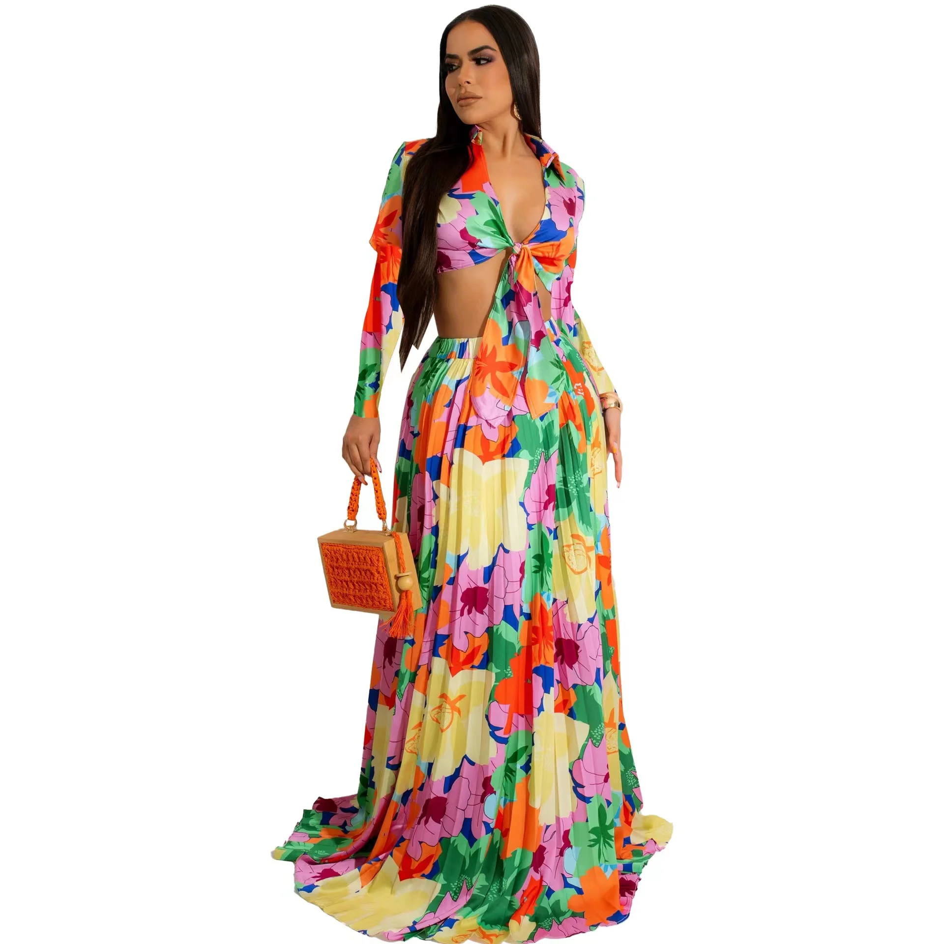 New arrival fashion V-neck lace up top+long skirt sexy casual printed ruched beach 2 piece sets temperament OL fancy women suits