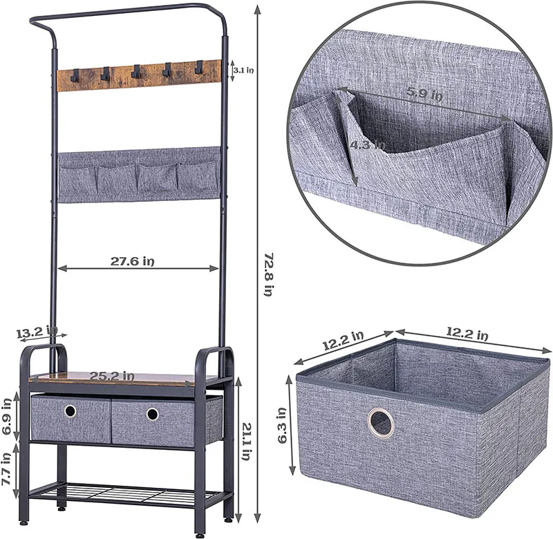 Wholesale wooden coat stand entryway metal frame coat rack free standing clothes rack with fabric drawer