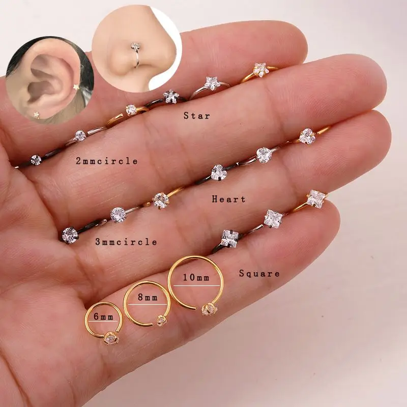 Fully stainless steel circle round star heart square cubic zirconia nose ring helix piercing jewelry hoop