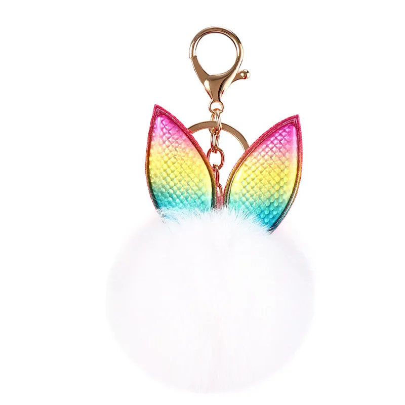 Fancy Fluffy Faux Fur Pompom Rabbit Ear Key Chain Faux Rabbit Fur Keychain