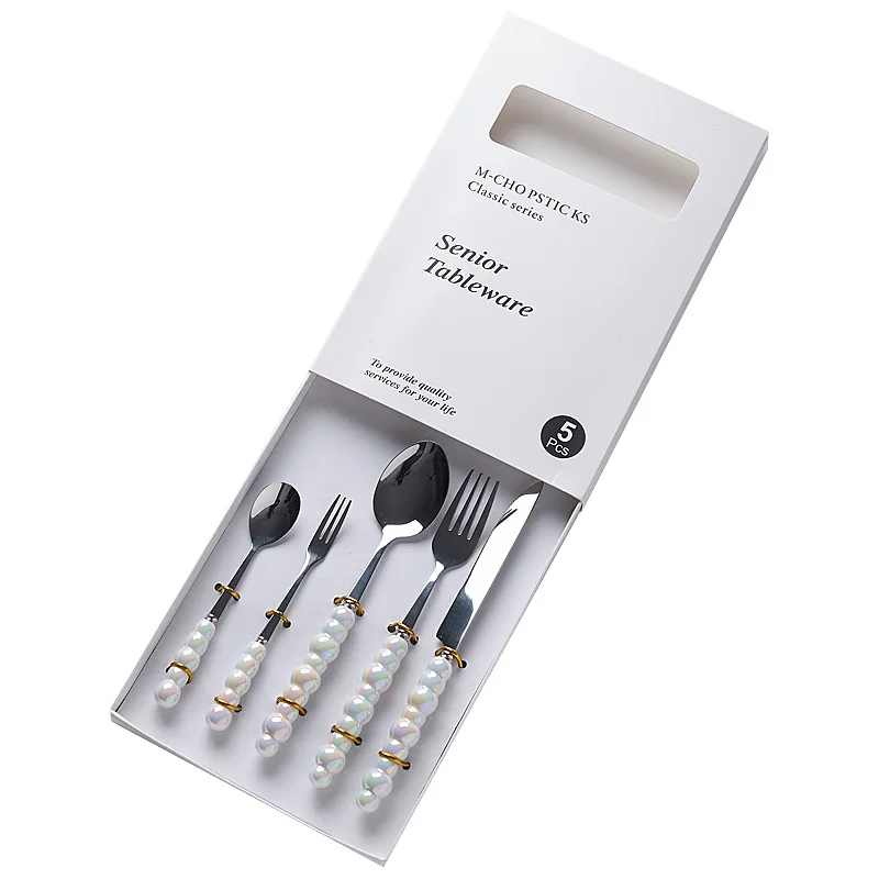 High Quality Pearl Ceramic Handle Stainless Steel Spoon Fork Knife with Gift Box stainless steel cutlery set