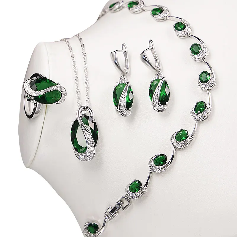 Green Emerald Silver Jewelry Sets For Women Sapphire Topaz Garnet Bracelet Necklace Earrings Ring Pendant 5 Colors