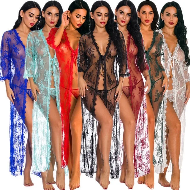 
In Stock Long Sleepwear Ladies Western Sexy Night Dress Lingerie Red Lace Robe 
