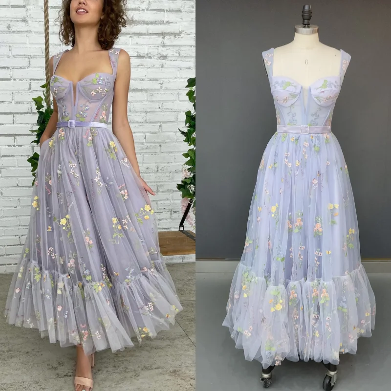 15244# Appliques Spaghetti Straps A-line Engagement Wedding Gown Birthday Party Dress For Women Prom Evening Dress Real Photos