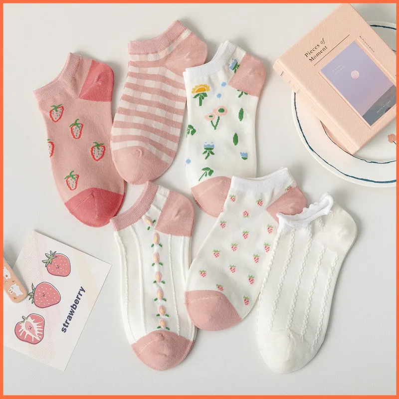 Women Cute Fruit Pattern Cotton Sport Ankle Boat No Show Socks Anti Drop Strawberry Pink Girl Socks