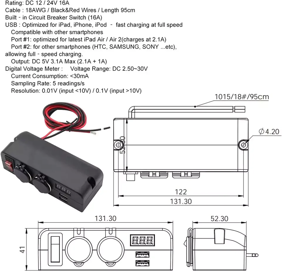 2 Sockets Cigarette Lighter Splitter Dual USB Car Charger DC Outlet Power Adapter with On Off Switch and Voltage Display