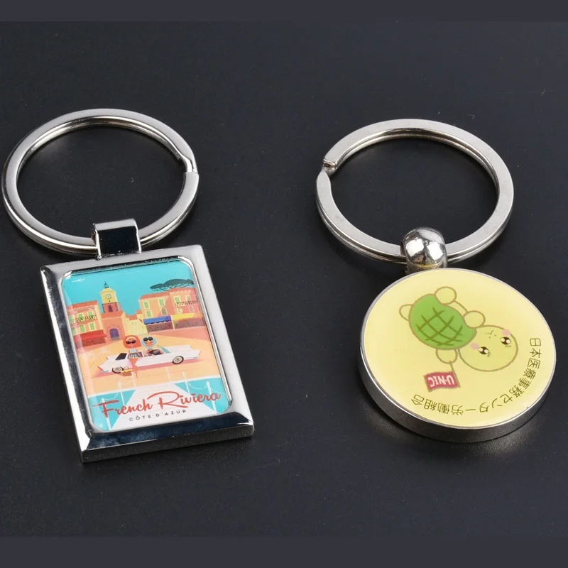 cheap custom made metal keychains Rectangular metal key chain.customized printing glue drop polly gift.