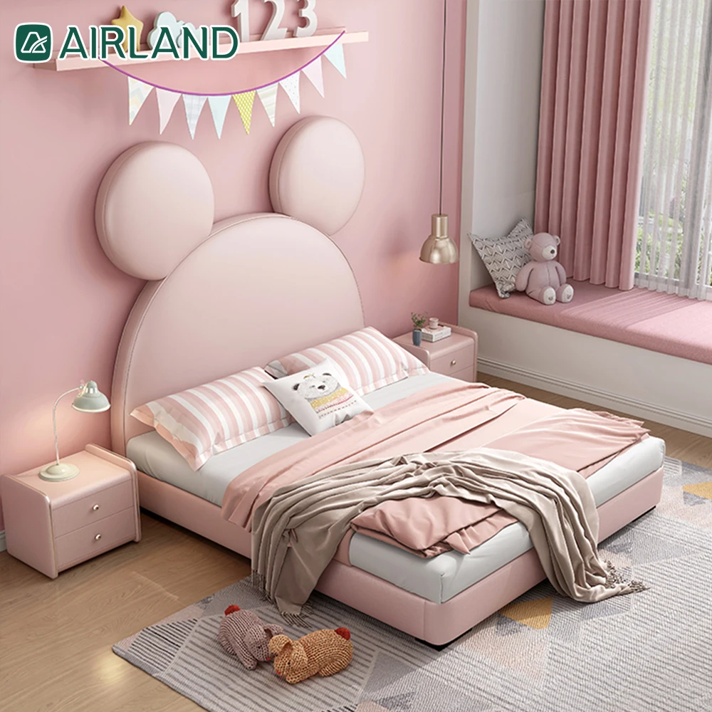 Airland Bedroom Upholstered Storage Queen King Size pine wood Genuine leather bed Frame