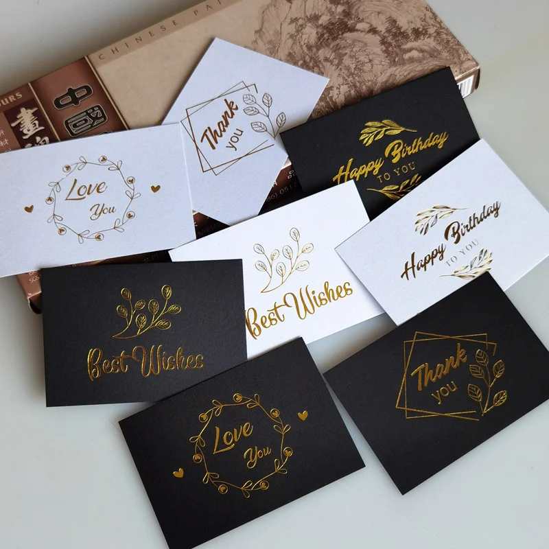 Custom Creative Black Small Business Mini Wedding Thank You Message Gift Box Decoration Hot Gold Flower Greeting Paper Card
