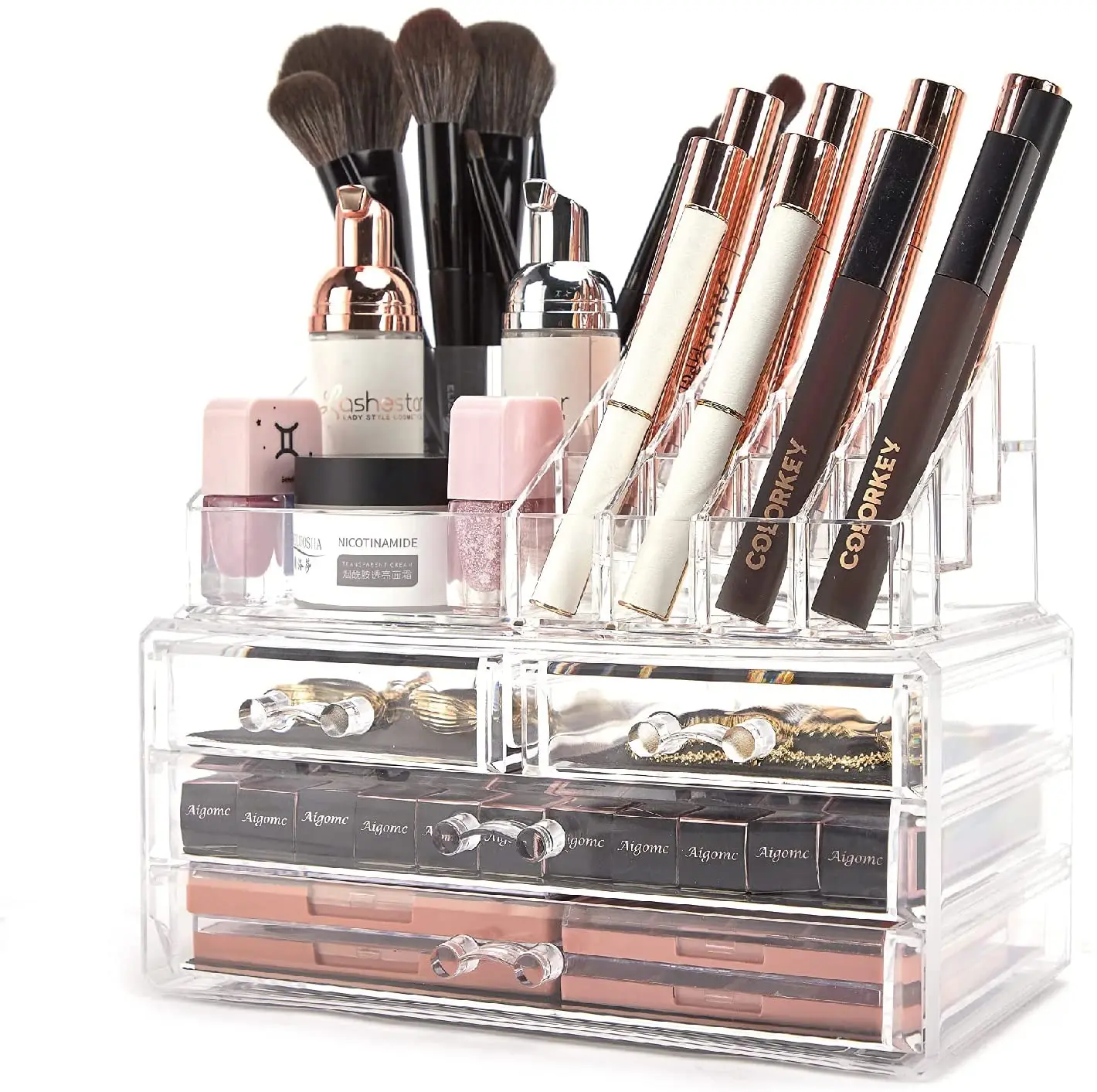 Acrylic makeup case includes 4 drawers and 2 piece set, clear makeup storage organizer