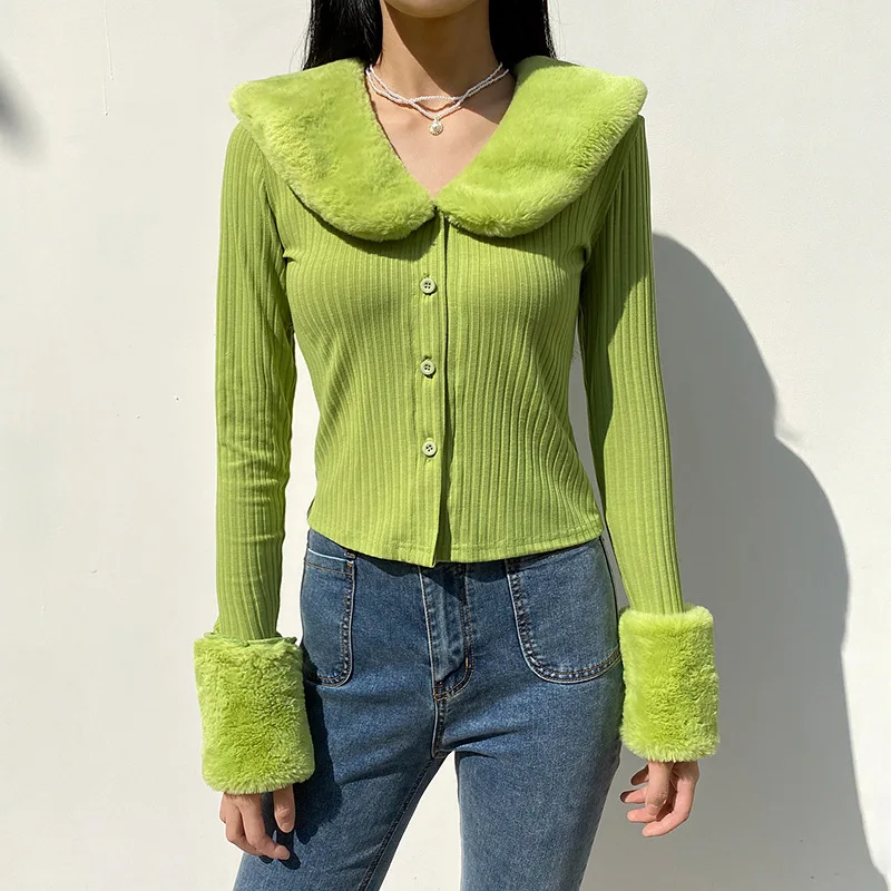 Patchwork Knitted Cardigan Coats and Jackets Fashion Warm Tops Women Button up Long Sleeve Winter Fluffy Faux Fur Green Logo Bow